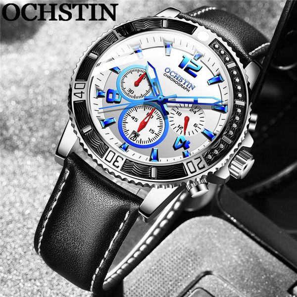 

wristwatches ochstin fashion man wristwatch chronograph sport men watch military black genuine leather male clock 6045, Slivery;brown