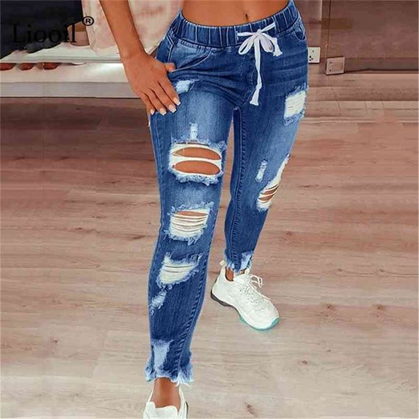 Liooil Plus Размер разорванные джинсы скинни для женщин Streetwear Mid талию стимулирует проблемное брюку сексуальное отверстие джинсовые карандаш штаны 210322