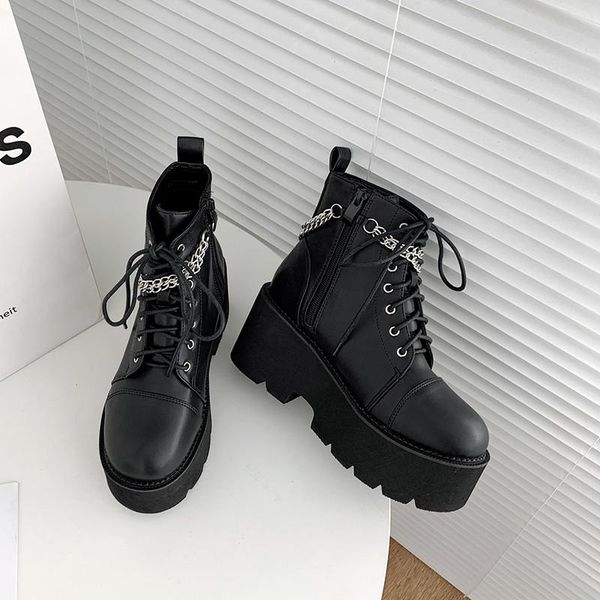 

boots fonberry silver chains punk gothic platform women 2021 round toe high heel ankle motorcycle ladies shoes, Black