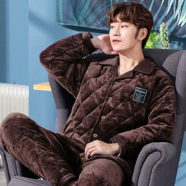 

men's sleepwear coffee flannel men pajamas set warm thicken shirt&pants winter sleep male 2pcs coral fleece pijamas suit, Black;brown
