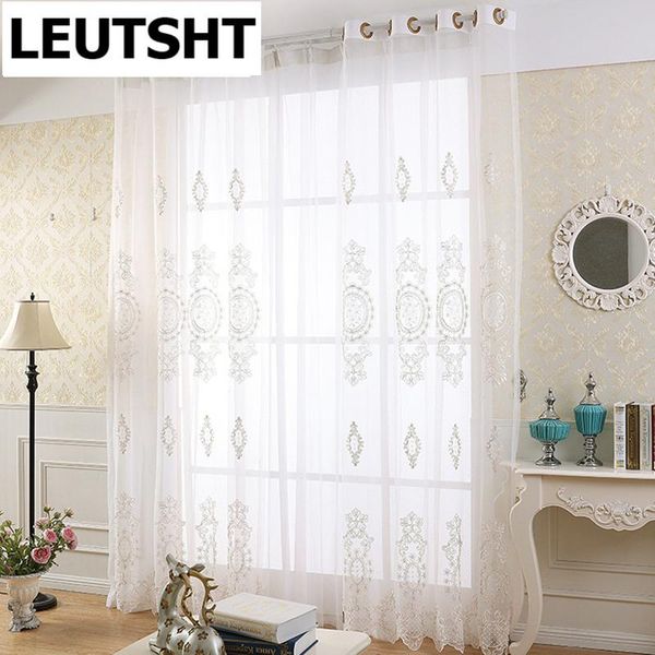 

luxury tulle curtains for living room embroidered beige thread white voile sheer pricess wedding decor curtain & drapes