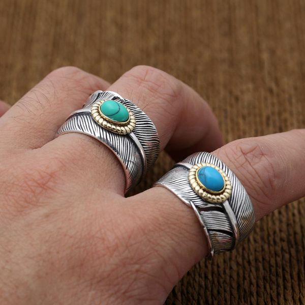 

cluster rings turquoise feather men 925 sterling silver wide anti-allergic s925 resizable cocktail party, Golden;silver