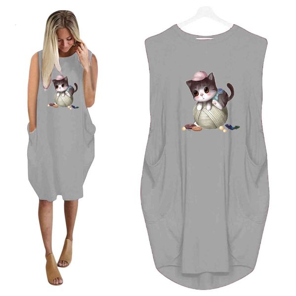 

casual dresses [spot] vestido de desenho animado e bordas cruzadas, suporte com irregulares, sem mangas, impressÃ£o em t2oa, Black;gray