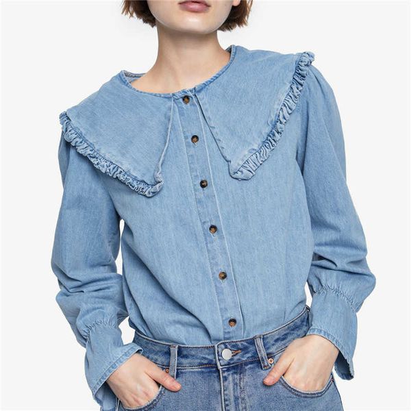Blusa de jeans doce Mulheres Peter Pan Collar Sleeve Blouse azul 2020 Casuais Tops Ladies Shirt Streetwear X0708