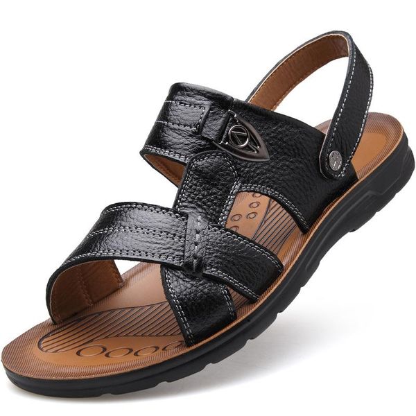 

sandals 2021 summer men's leather beach toe layer cowhide non-slip lightweight comfortable fashion slippers large size, Black