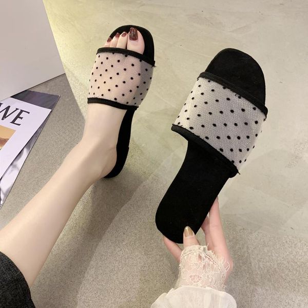 

slippers 2021 summer shoes woman flats polka dot mesh sandals women casual flat flip-flops with leisure slides sandalias, Black