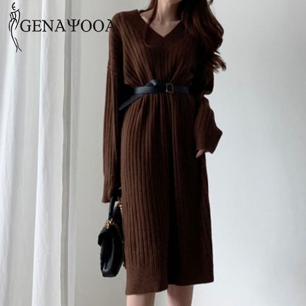 

casual dresses ganayooa winter long sweater dress women v neck knitted sleeve wool elegant solid vestidos, Black;gray