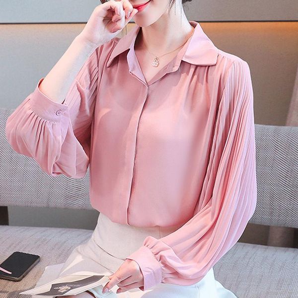 

womens and blouses spring autumn pleated chiffon shirt elegant lantern sleeve solid office lady women's & shirts, White