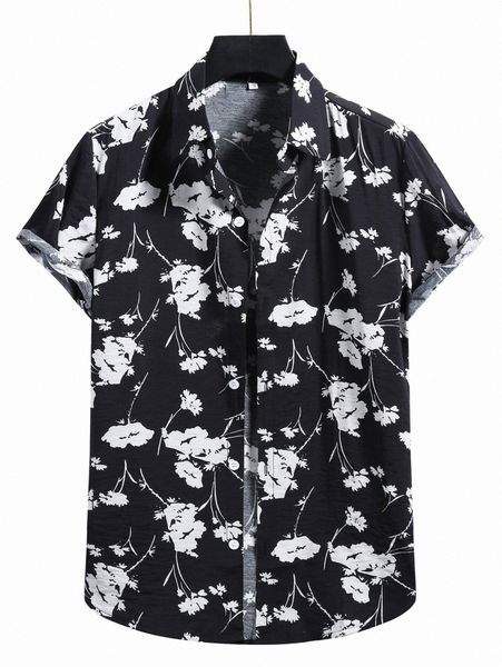 

romwe guys flower print button front shirt q6eb#, White;black