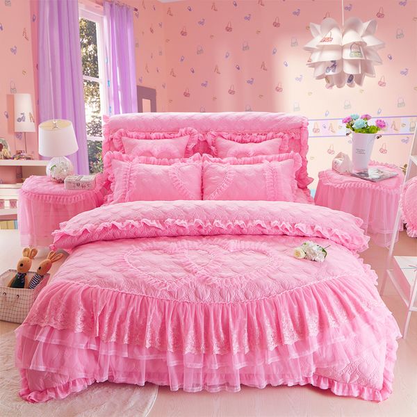 4 pcs acolchoado laço princesa estilo luxo conjuntos de cama rainha king size tampa de edredão conjunto cama saia set pillwase bedclothes 210319