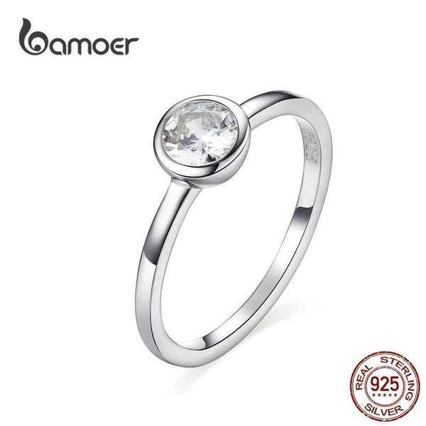 

cluster rings bamoer basic clear zirconia finger ring 925 sterling silver minimalist women engagement wedding band scr535, Golden;silver