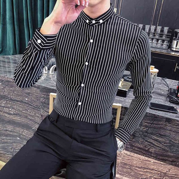 

t shirts spring 2021 long young pinstripe black formal business wear thin casual fit blouse homme all games 3xl-m 1c5y, White;black