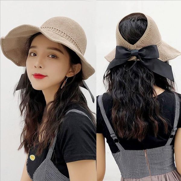 

wide brim hats women summer visors hat foldable sun large beach straw bow chapeau femme uv protection caps, Blue;gray