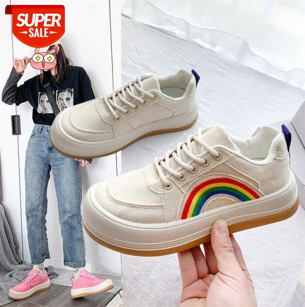 

little white shoes, women's single rainbow old thick-soled increased leisure platform canvas shoes #ca4f