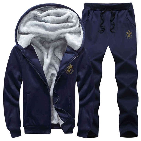 

tracksuit winter men's plush thickened large suit hooded fashion casual sports pants warm and comfortable wear, Gray
