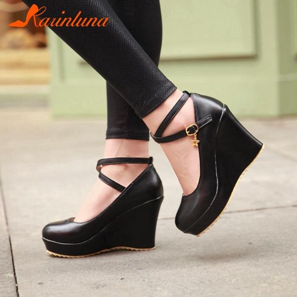 

dress shoes karin 2021 large size 43 platform buckle strap women pumps female wedge high heels woman, Black