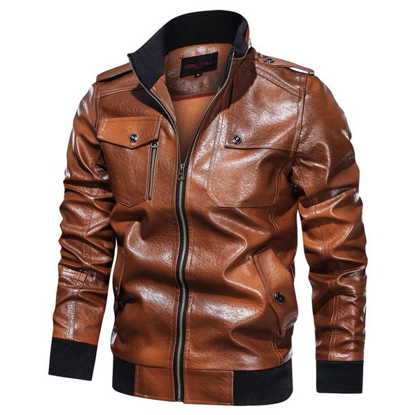 

men's fur & faux 2021 leather jacket male coat 4xl 5xl autumn stand collar streetwear pu biker men brand clothing bfc5, Black