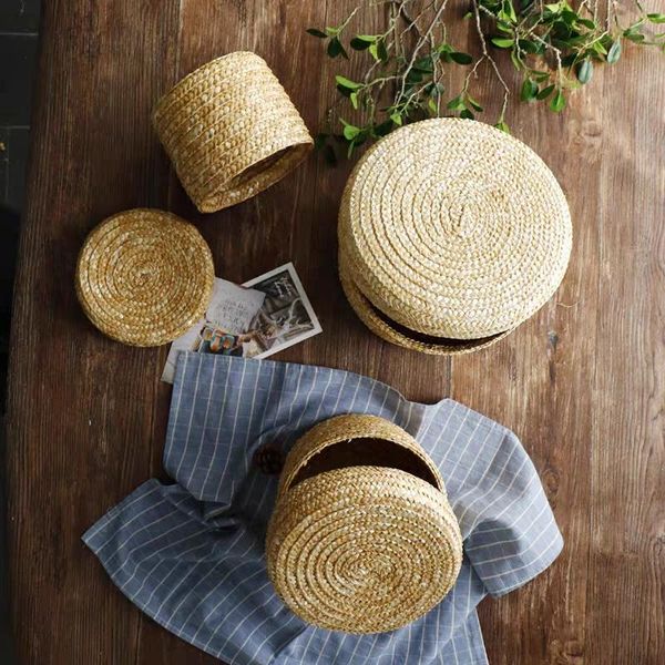 

storage baskets straw basket hampers with lid snack organizer box dustproof rattan decoration flower bread skep
