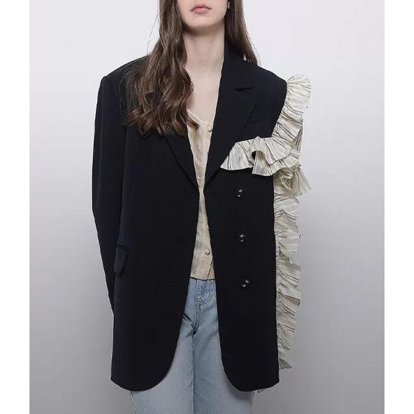 

3.12 high end quality women's fashion contrast color patchwork ruffles blazer suits & blazers, White;black