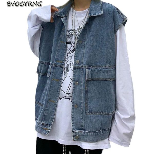 

women's vests spring autumn korean vest lapel retro tooling sleeveless couple jacket loose wear denim female coat, Black;white