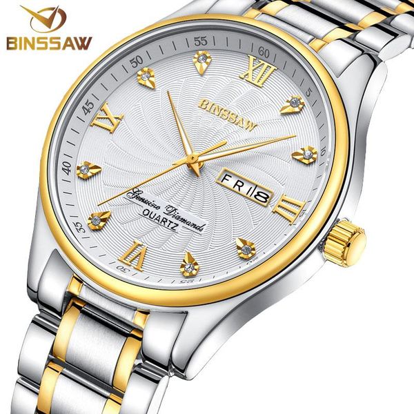 

wristwatches binssaw classic business men quartz stainless steel fashion leisure original week calendar watch gift relogio masc, Slivery;brown