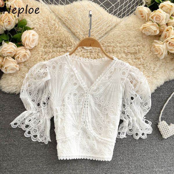

neploe hollow out design lace hook flower blouse women v neck flare shor sleeve ol blusas spring shirt feminino 210510, White