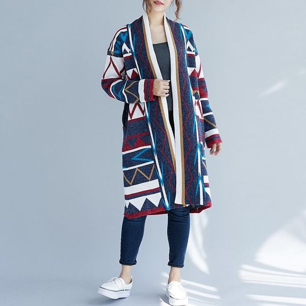 

women's jackets johnature autumn winter korean long print knitting women coat 2021 casual cardigan loose warm plus size coats, Black;brown