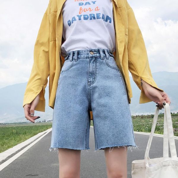 

women's jeans 2021women's cropped pants straight bobbin shorts summer loose elastic high waisted riding thin denim mid trendy, Blue
