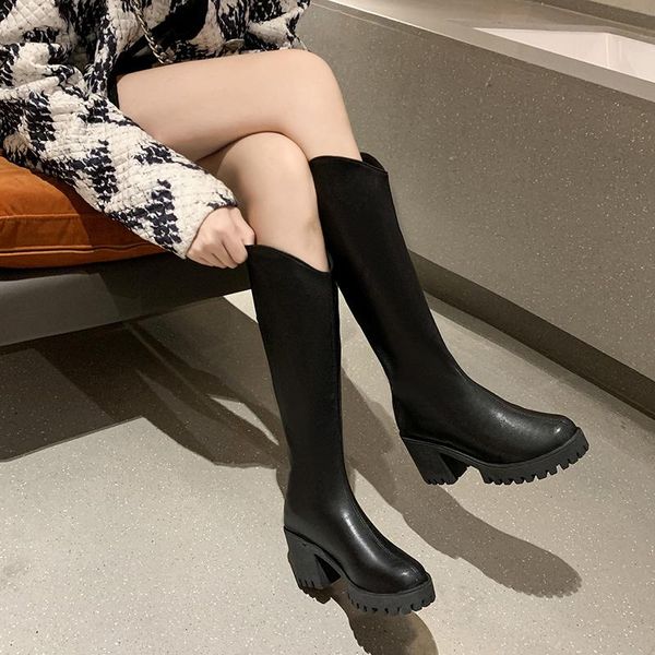 Botas Long Winter Band Mulheres Joelho Alto Plataforma Sapatos Ytmtloy Zipper Redondo Toe Square Heel Botines de Mujer Sexy