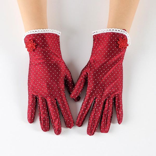 

five fingers gloves 1pair dot print women lace sunscreen elegant full finger driving cycling anti-uv breathable summer short female, Blue;gray