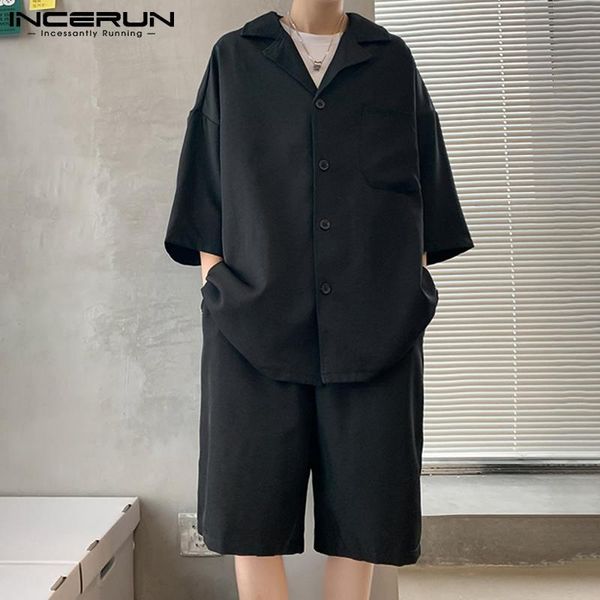 

men's tracksuits incerun solid color men sets summer lapel half sleeve button shirt elastic waist shorts streetwear 2021 loose suits 2, Gray
