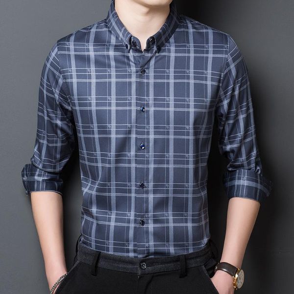 

men's casual shirts high end fashion brand slim fit designer mens classic plain plaid long sleeve checkered men clothing 2021, White;black