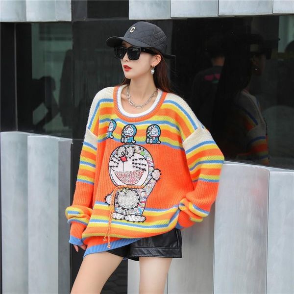 

women's sweaters chic streetwear cartoon knitted sweater women autumn winter clothes rhinestone sequins pearls beading kawaii oversize, White;black