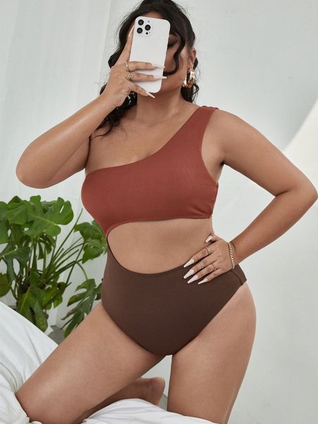 

plus color block cut-out one shoulder one piece swimsuit k3kx#, Black