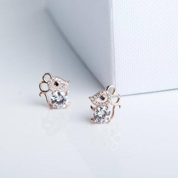 

other xiaojing 100% 925 sterling silver rose gold shiny zircon cute animal mouse stud earrings for women small earring fine jewelry, Golden;silver