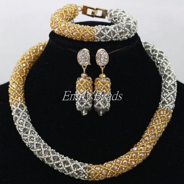 

earrings & necklace gray champagne bridal wedding jewelry set dubai gold african nigerian costume jewerly aij673, Silver