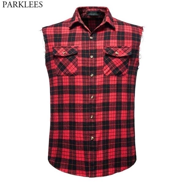 

men's casual flannel plaid shirt sleeveless double pocket cowboy button down shirts men cotton plus size vest checkered 2xl 210522, White;black