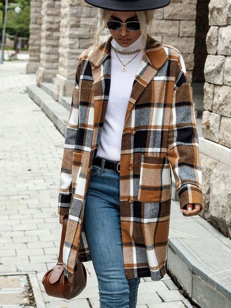 

plaid dual pocket drop shoulder overcoat h2yv#, Black