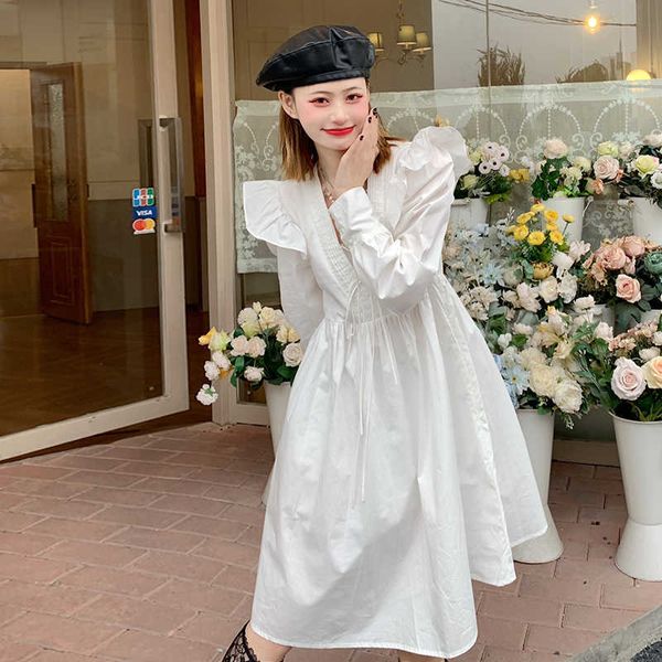 

loose white ruffles v neck flying sleeve dress women casual long sleeve gentle vintage fashion vestido feminino simple chic wild 210610, Black;gray
