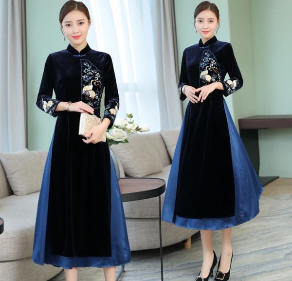 

casual dresses 2021 autumn and winter long-sleeved velvet dress retro embroidery buckle improved cheongsam chinese style women's clot, Black;gray