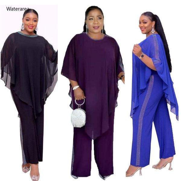

two piece dress autumn plus size chiffon pure color 2 set cape and sequined o-neck batwing sleeve loose jumpsuit women casual outfit am396, White