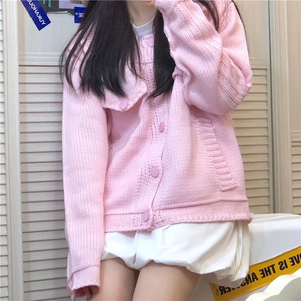

women's knits & tees kawaii pink cute sweater knitting coat female 2021 autumn sweet girl o-neck full sleeve knitted cardigan skirt set, White
