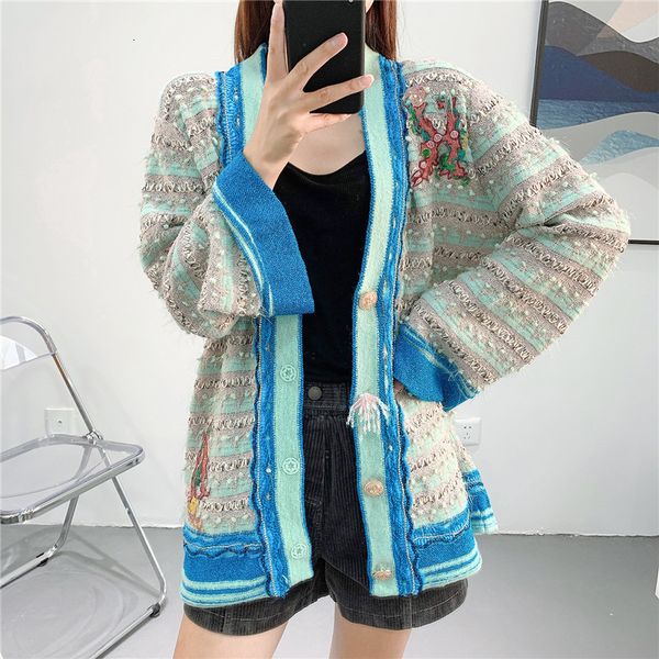 

knits appliques hit colors striped women autumn winter long cardigan coat v-neck sweater jacket, White