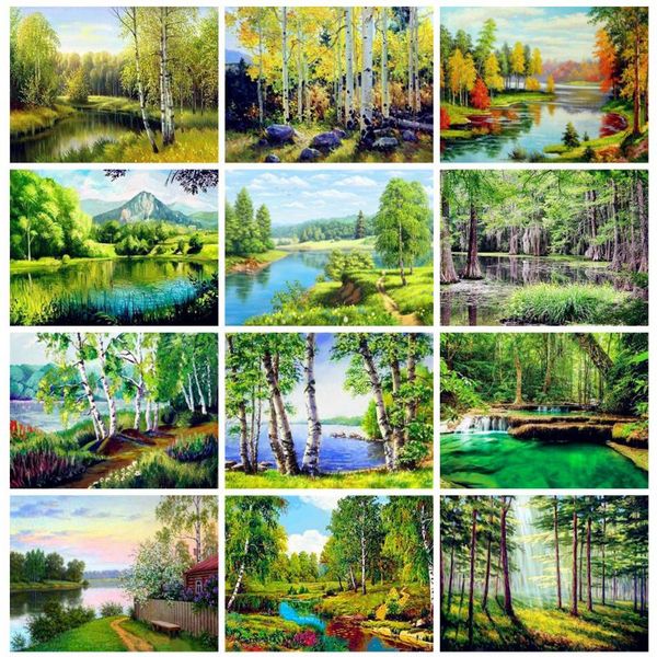 

diamond painting huacan 5d full drill forest handmade gift mosaic natural scenery embroidery river art
