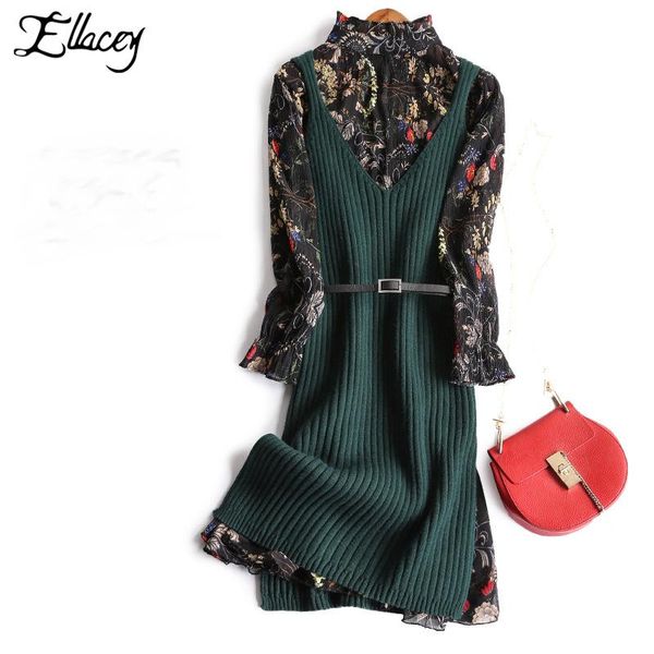 

women's suits & blazers 2021 fashion autumn 2 pieces set dress flower printing long dresses floral printed knitted vest and women suit, White;black