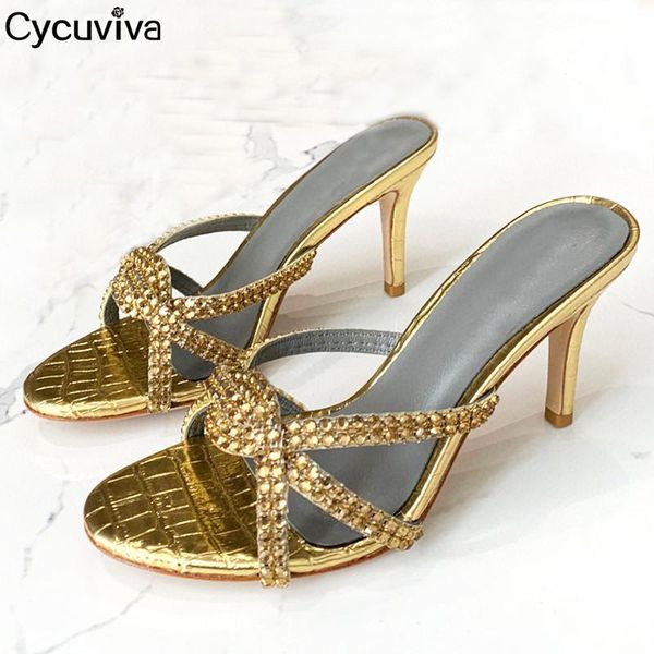 

rhinestone thin heels slippers women summer gladiator sandals peep toe crystal gold slides runway party shoes woman, Black