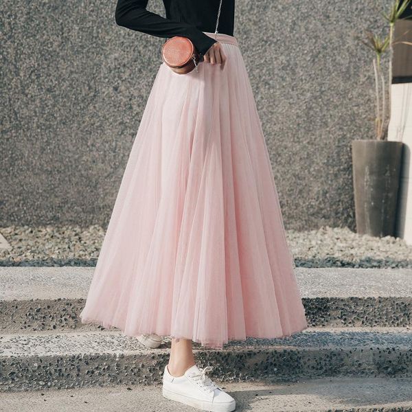 

skirts women pleated summer pink vintage fairycore skirt korean fashion high-waist tulle harajuku elegant long lady, Black