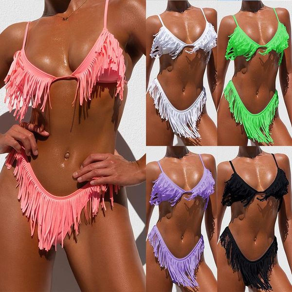 

one-piece suits push up bikini tassels swimsuit thong bathing suit women fringed swimwear pink neon green biquini 2021