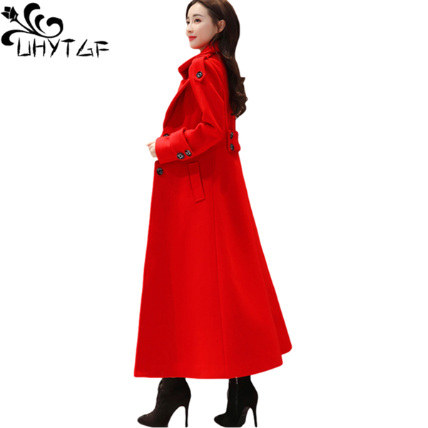 

women's wool & blends uhytgf elegant women long woolen coat fashion single-breasted slim winter jacket korean wild casual plus size out, Black