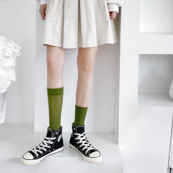 

socks hosiery spring and summer jk high density thin necked crimped veet pile women's medium length silk socks, Black;white